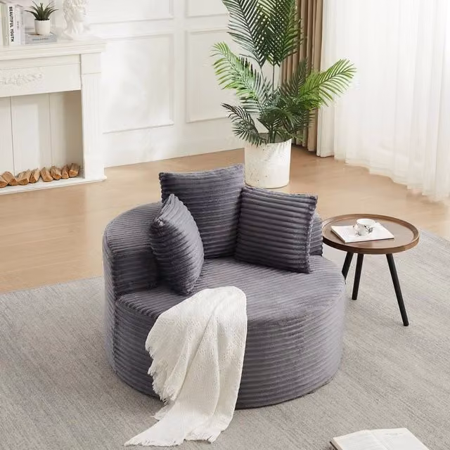 Poltrona singola rotonda Minimal grigia con braccioli e cuscini, design moderno in tessuto, Diametro: 110 cm