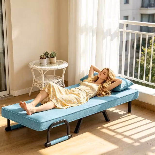 Sedia letto pieghevole 3 in 1 WISHDOR blu, convertibile in divano, chaise longue e letto singolo con struttura in metallo e imbottitura in schiuma – 1