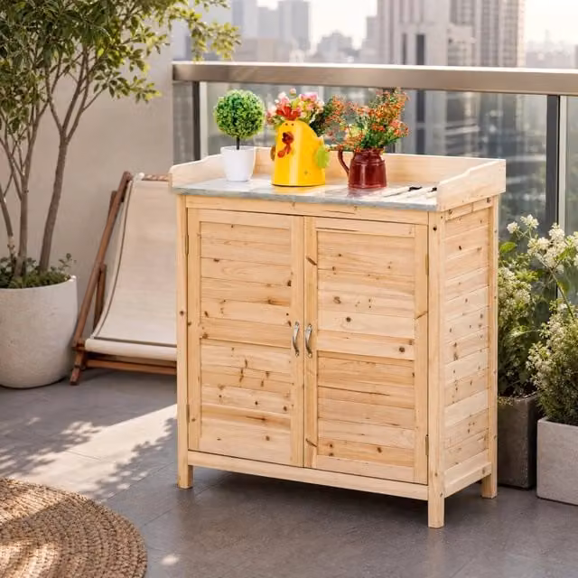 Armadio da giardino MODFU in legno di abete naturale con piano di lavoro zincato e ripiani interni, L: 83 cm, P: 40 cm, H: 92 cm