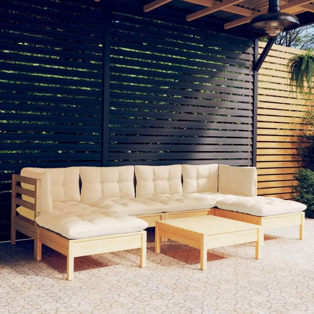 The Living Store Set da salotto da giardino 7 pezzi con cuscini crema legno di pino