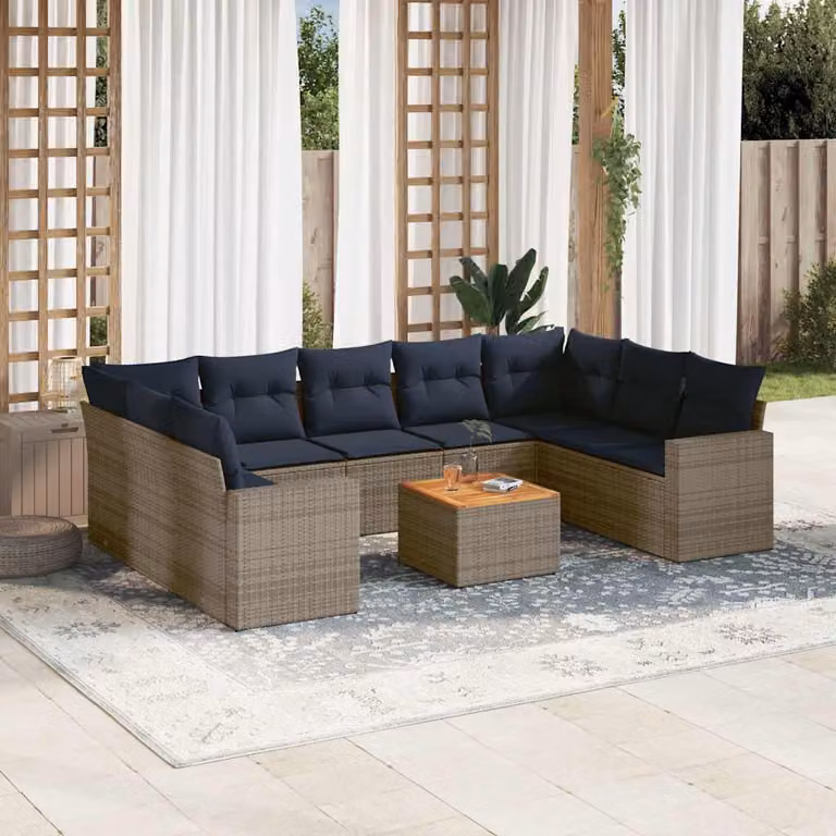 Set di divani da giardino vidaXL in polyrattan con cuscini grigi e blu, composto da 10 pezzi con tavolino e sedute modulari