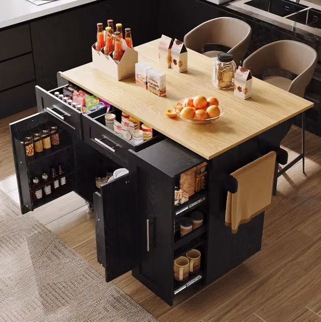 Isola da cucina pieghevole con ruote bloccabili; MDF e metallo; nera
