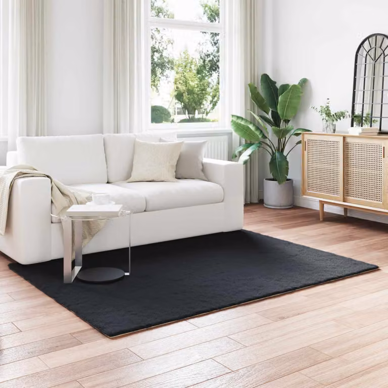 vidaXL Tappeto antiscivolo in ecopelliccia di coniglio nero, L: 120 cm