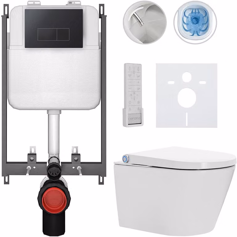 CERANO - WC sospeso con bidet Cronus Pro - bianco lucido - pulsante Prime/Modulo, nero - da incasso - 59,3 x 38,4 cm