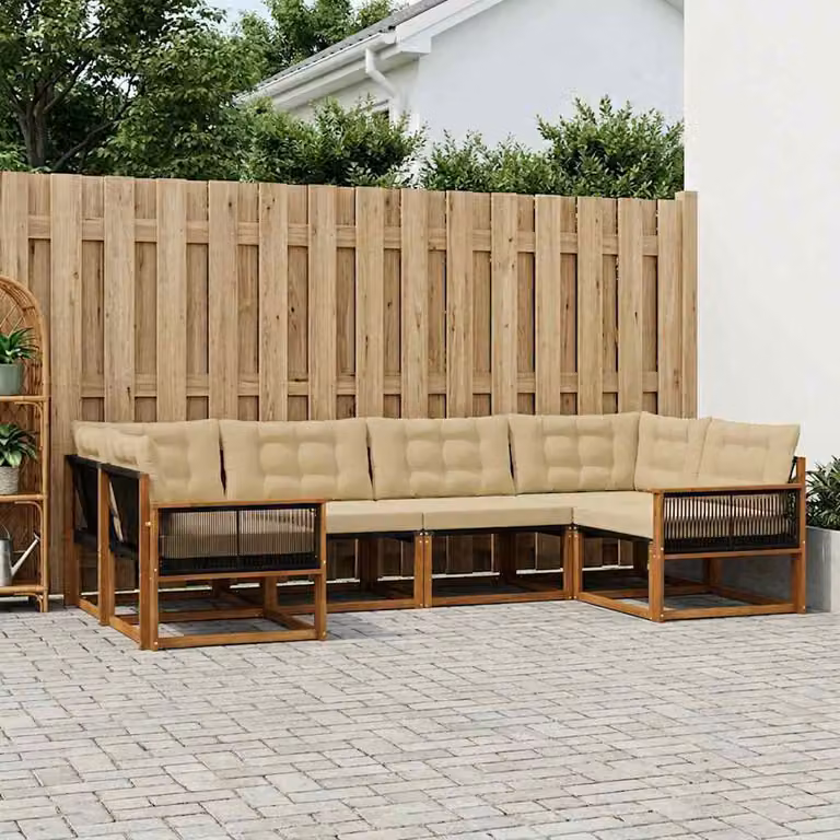 Set di divani da esterno vidaXL a forma di L composto da 6 pezzi in legno di acacia con cuscini beige e marrone