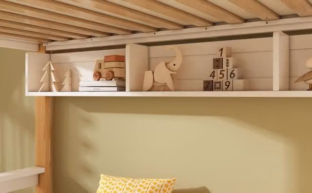 Letto a castello per 3 bambini 90x200 e 140x200 cm con lavagna e scala contenitore, legno massello, bianco e naturale