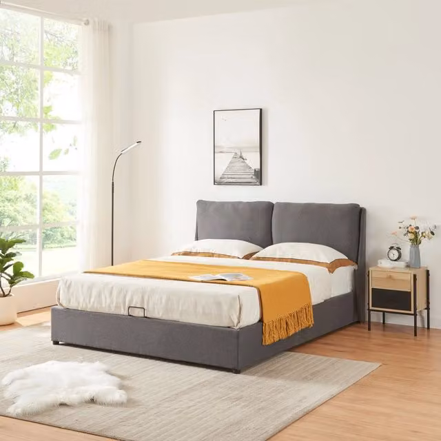 Struttura Letto Francese Lunner 140 x 200 cm con Contenitore e Testiera Imbottita - Grigio Scuro [en.casa]