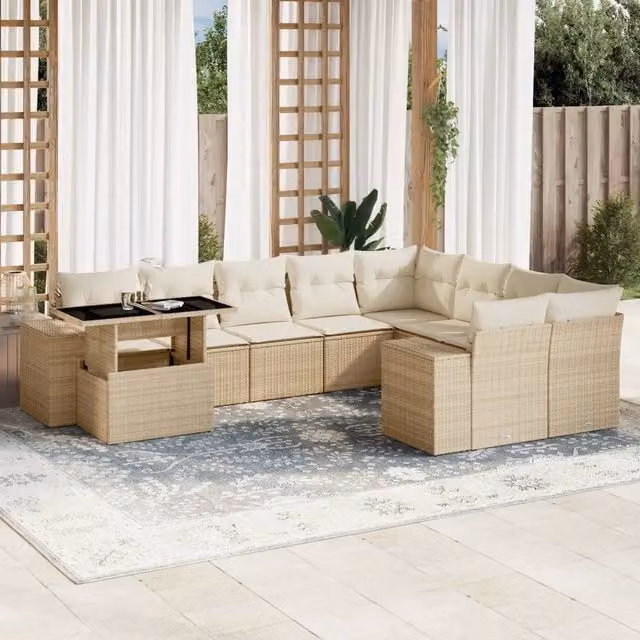 Set Divano da Giardino vidaXL 10 Pezzi a Forma di U in Polyrattan con Cuscini Beige e Tavolino