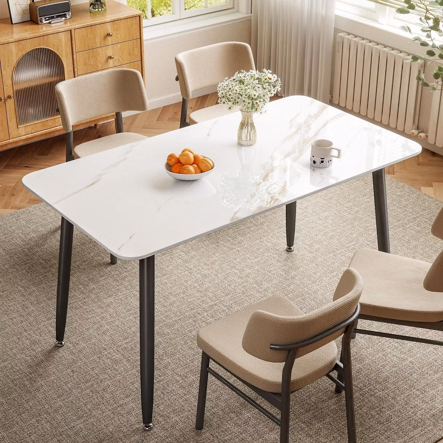 Tavolo da pranzo rettangolare, 140 x 70 cm, aspetto marmo, bianco, Vetroceramica/metallo, facile da pulire
