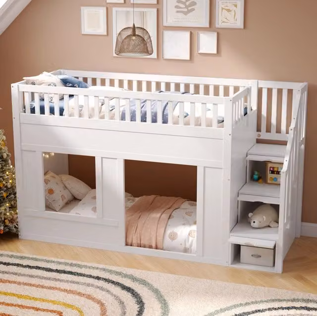 Letto alto per bambini 90x200 cm con scala contenitore e area inferiore convertibile; bianco