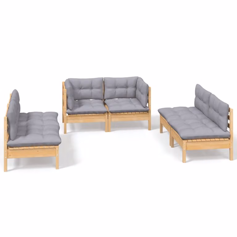 Set Divani da Giardino 6 pz con Cuscini Grigi Massello di Pino