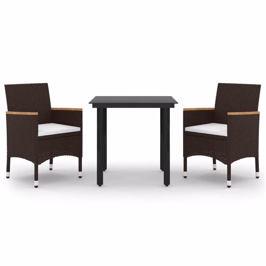 Set da Pranzo per Giardino 3 pz con Cuscini Polyrattan e Vetro