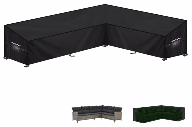 Telo protettivo a forma di L per mobili da giardino, dimensioni 260x210x87x80/60 cm, tessuto Oxford 420D, impermeabile, resistente al vento, con sistema di ventilazione