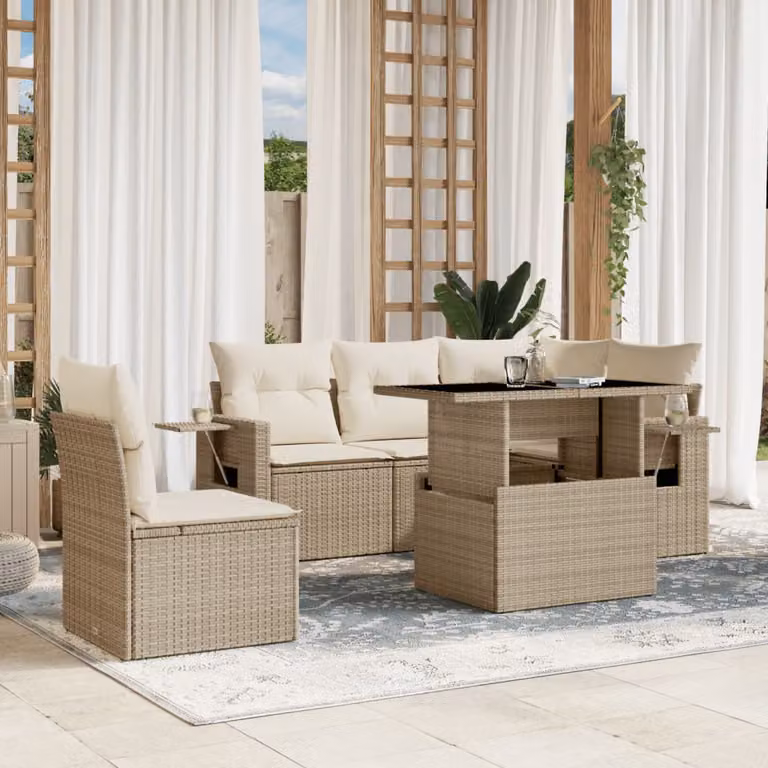 vidaXL Set Divano da Giardino a L da 6 Pezzi con Cuscini Beige e Tavolino in Vetro