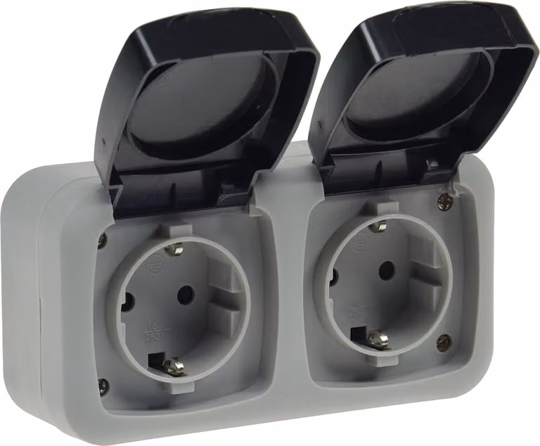 Presa doppia ChiliTec a prova di umidità, IP44 250V AC / 16A, incl. telaio per montaggio a parete, grigio