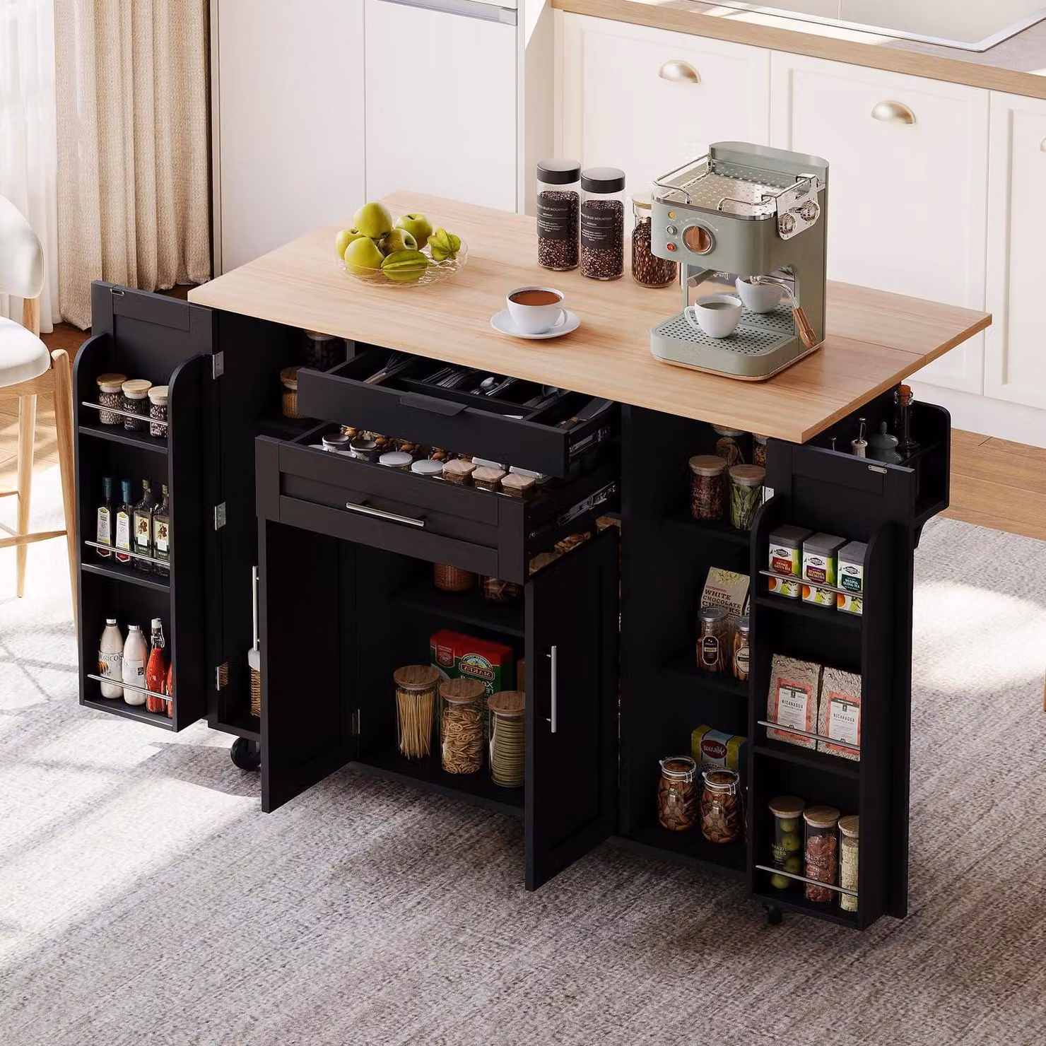 Carrello da cucina con piano di lavoro pieghevole, 2 cassetti, ripiano per le spezie, portasciugamani, colore nero