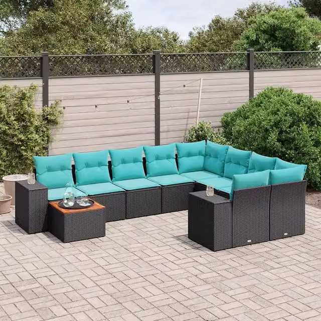 Set di divani da giardino vidaXL in polyrattan nero con cuscini e tavolino da esterno a forma di U