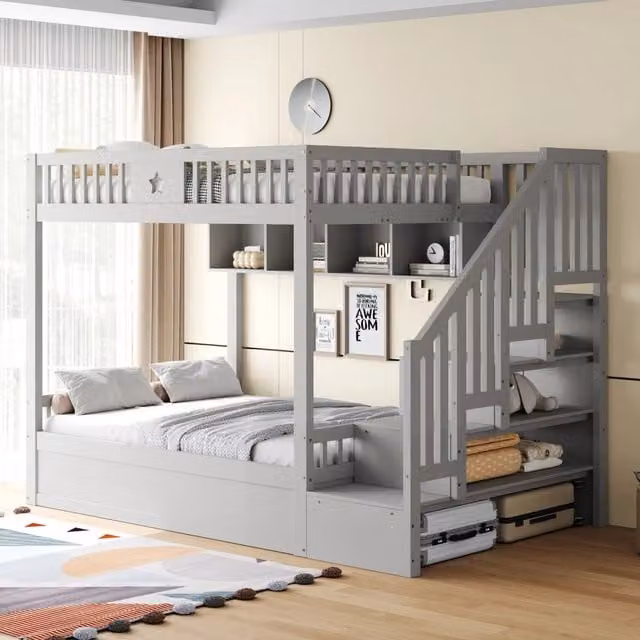 Letto a soppalco moderno con vano contenitore a sollevamento, scala con gradini e scaffali in legno e MDF, colore grigio, L/P/H: 200 x 140 x 165 cm