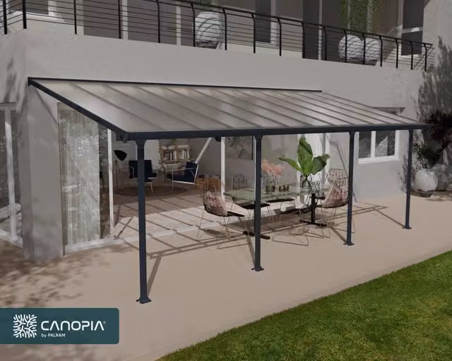 Pergola addossata Palram Feria in alluminio e policarbonato colore grigio L: 7.3 m, P: 3 m – 1