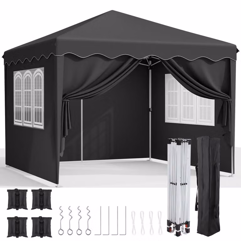 Gazebo da esterno 3x3 metri, resistente alle intemperie invernali, con protezione UV50+, dotato di pannelli laterali e sacchi di sabbia, colore nero