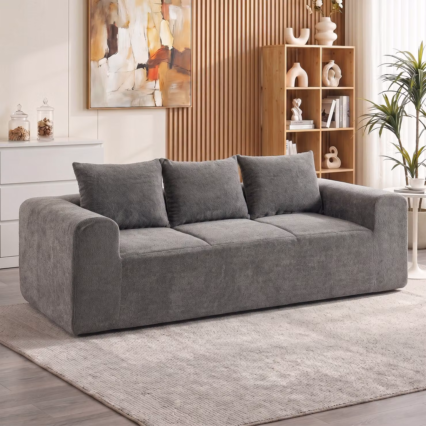 Divano 3 posti HOMCOM in ciniglia grigio con 3 cuscini e braccioli larghi, Larghezza: 220 cm – 2