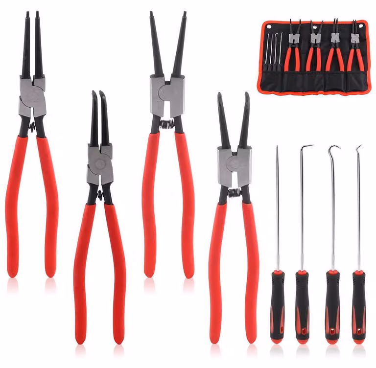 Set di pinze per lavori di precisione, 8 pezzi, lunghezza 33 cm, con punta e gancio
