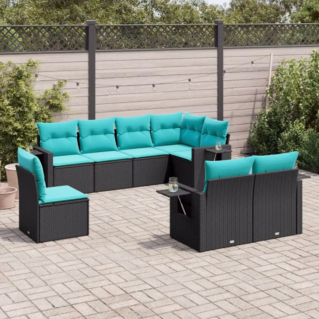 Set di divani da giardino vidaXL a forma di L composto da 8 pezzi in polyrattan nero con cuscini inclusi e coperture rimovibili