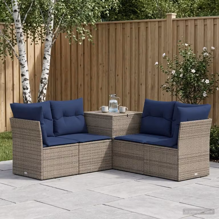Set di divani da giardino a L vidaXL in polyrattan con cuscini Grigio e Blu Navy