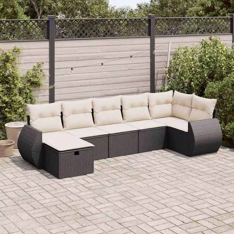 Set Divano da Giardino a L vidaXL in Polyrattan Nero con 7 Cuscini e Ottoman