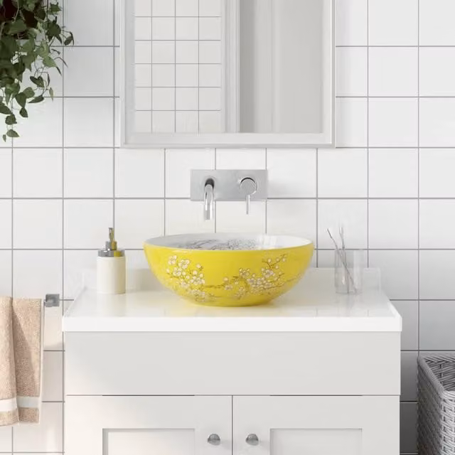 Lavabo da Appoggio-Lavandino-Lavello Bianco e Giallo Rotondo ¦µ41x14 cm Ceramica
