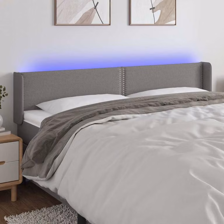 Testiera con LED e porta USB vidaXL in tessuto grigio, L: 203 cm, P: 16 cm, H: 78-88 cm