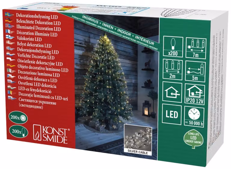 Catena luminosa a LED effetto diamante, 10 fili, 200 LED bianco caldo, colore argento, 12 V