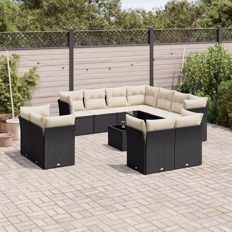 vidaXL Set Divani da Giardino 12 Pezzi a Forma di U con Cuscini e Tavolino in Polyrattan Nero