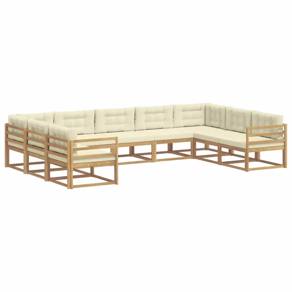 Set di divani da esterno a L vidaXL in legno di acacia con cuscini, Bianco e Beige, 9 pezzi – 2