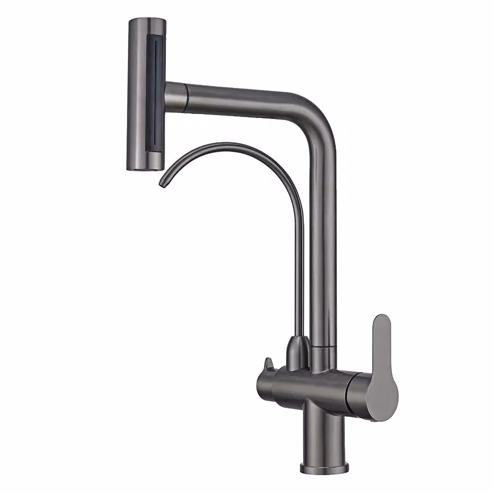 rubinetto da cucina girevole a 360°, doppio supporto, acqua calda e fredda, acciaio inox, grigio canna di fucile