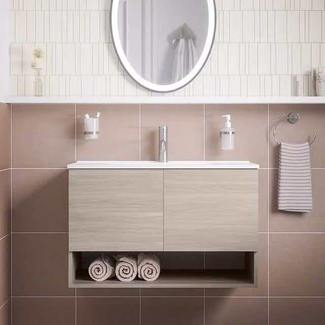 Mobile sospeso 80 cm rovere grigio con due ante, vano a giorno e lavabo | Sauris