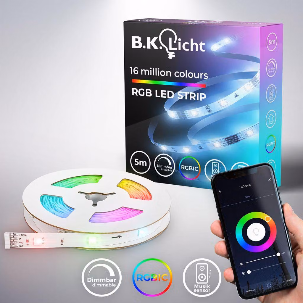 B.K.Licht I Striscia LED RGBIC Wifi 5 m I Controllo app I Sensore musicale I Barra luminosa I LED Chaser I Striscia LED RGBIC I Compatibile con Alexa I Banda LED intelligente I Autoadesivo