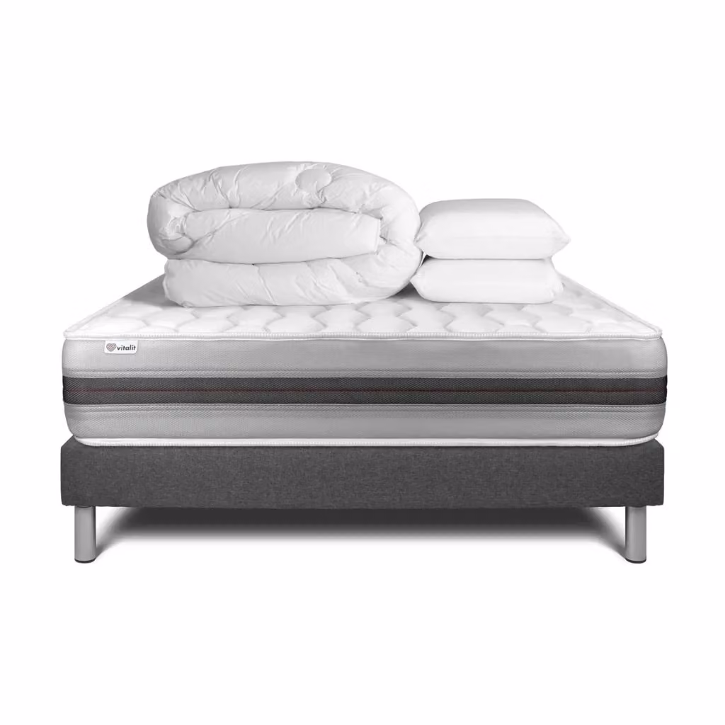 Kit letto completo Vitalspring Recover Hybrid in tessuto grigio con materasso, box spring con doghe, 2 guanciali e piumino, L/P: 180 x 200 cm – 2