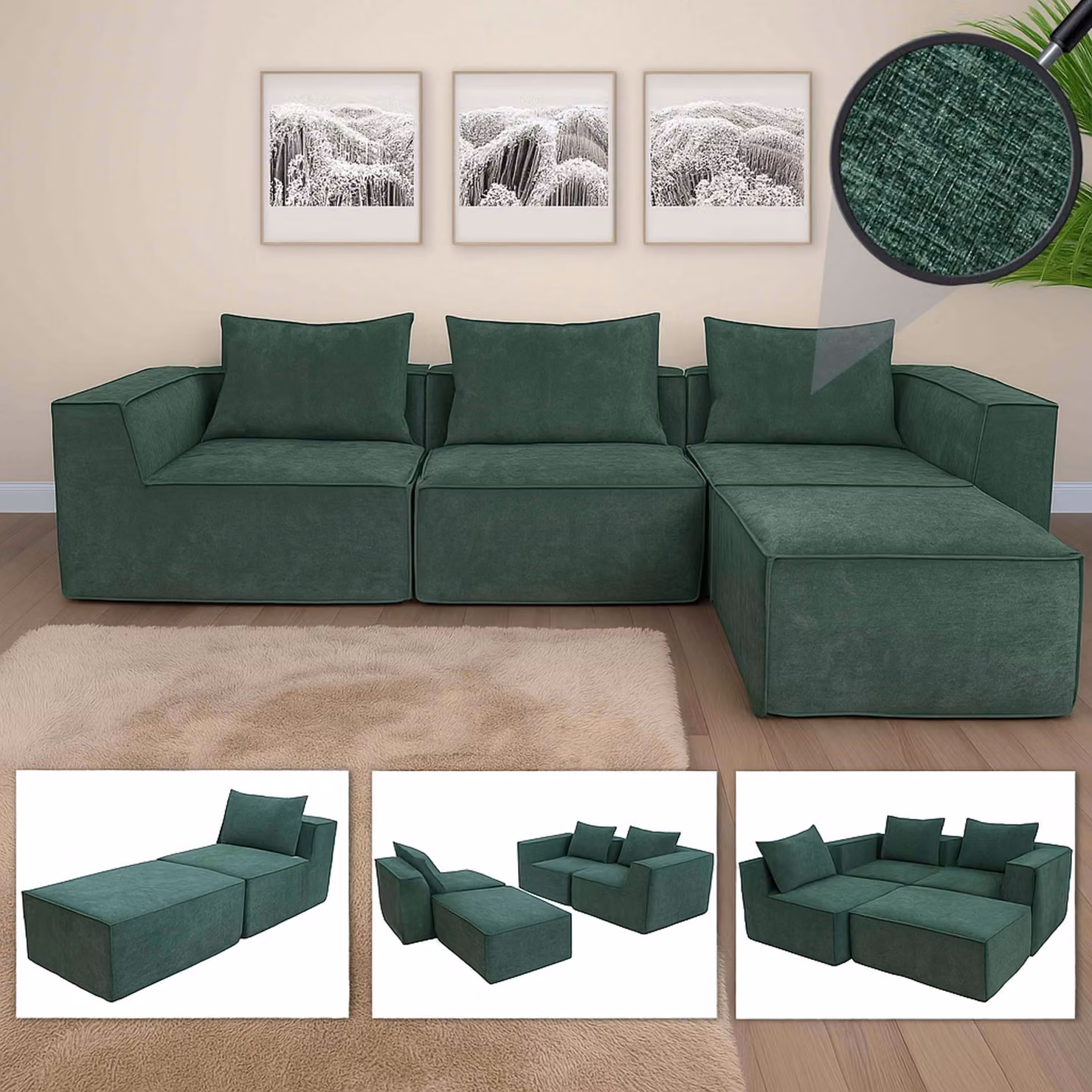L-Sofa HWC-O54, divano lounge con pouf, allungabile e modulare a destra/sinistra, tessuto/tessuto 63x270x190cm ~ verde