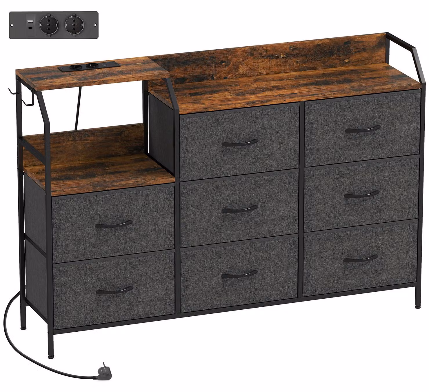 Comodino con 8 cassetti rivestiti in tessuto | Colore: Marrone rustico + Nero | Dimensioni: 130,5 x 30 x 88 cm