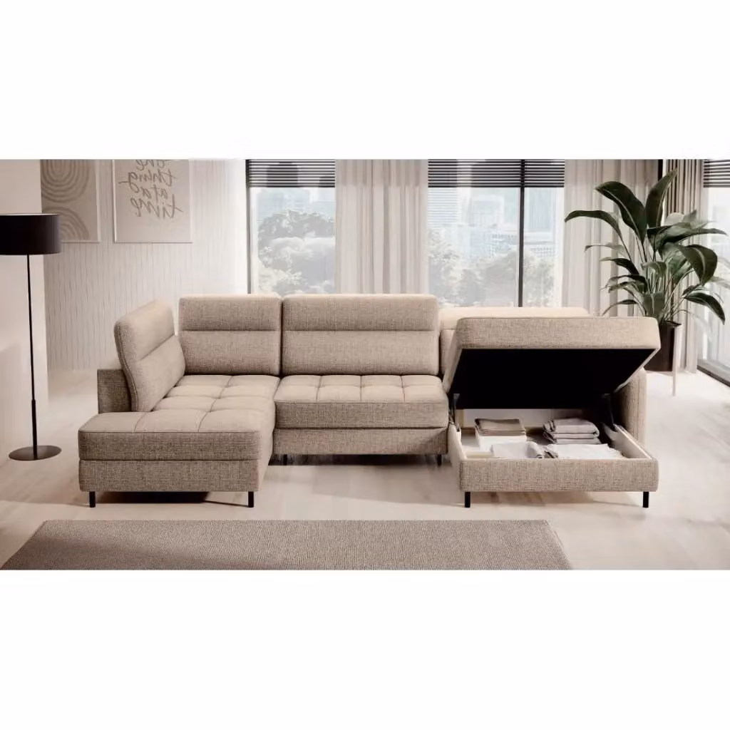 Divano angolare convertibile BERTHO MEUBLORAMA beige, angolo destro con contenitore, L/P/H: 306 x 166 x 100 cm – 2