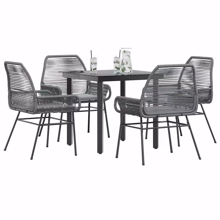 Set da pranzo da giardino vidaXL in polyrattan con tavolo in vetro e 5 sedie con cuscini, grigio e nero