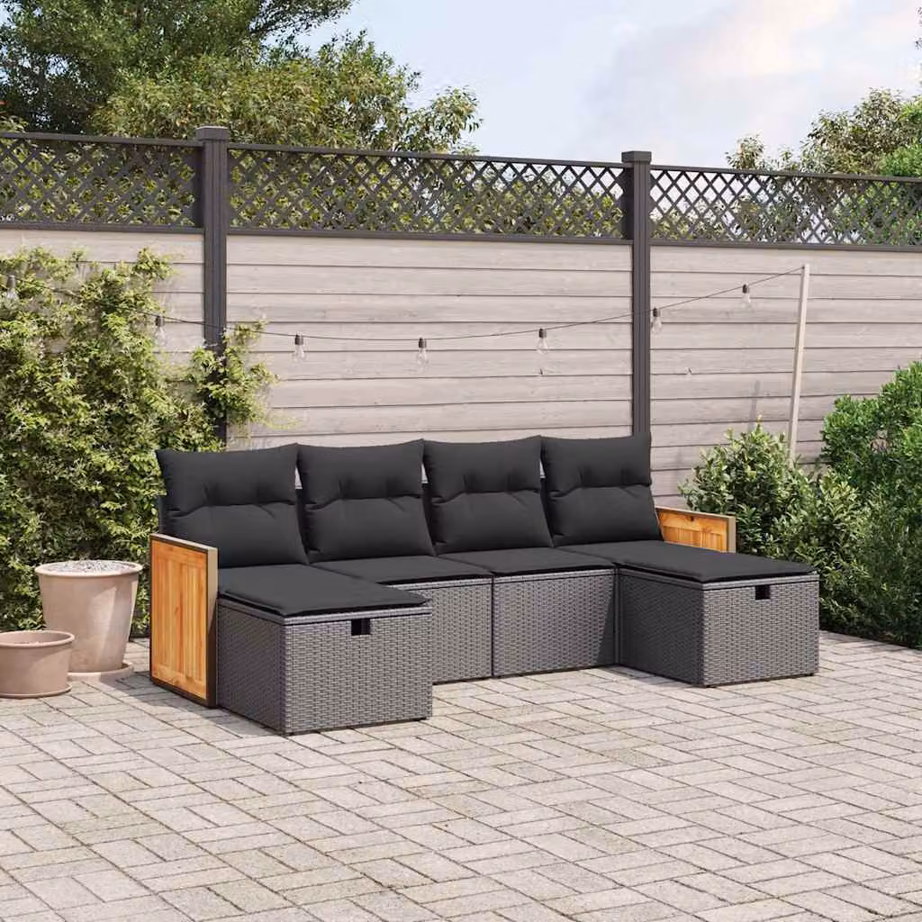 Set Divano da Giardino vidaXL 6 pz a Forma a L con Cuscini Nero in Polyrattan e Acciaio – 1