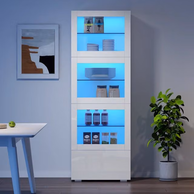 Vetrina 60x40x173 cm bianca lucida con ante in acrilico, illuminazione LED e 3 ripiani in vetro. Mobile alto da soggiorno per arredamento e contenimento.