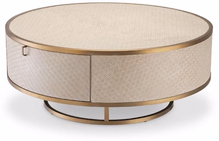 Tavolino Casa Padrino color beige/ottone Ø 100 x H. 40,5 cm - Tavolino da salotto rotondo con 2 cassetti - Mobili da salotto