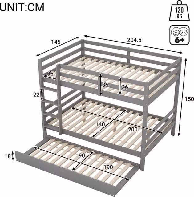 Lit superposato per bambini 140x200 cm - Xylo - Grigio con lettino nido e sponde alte