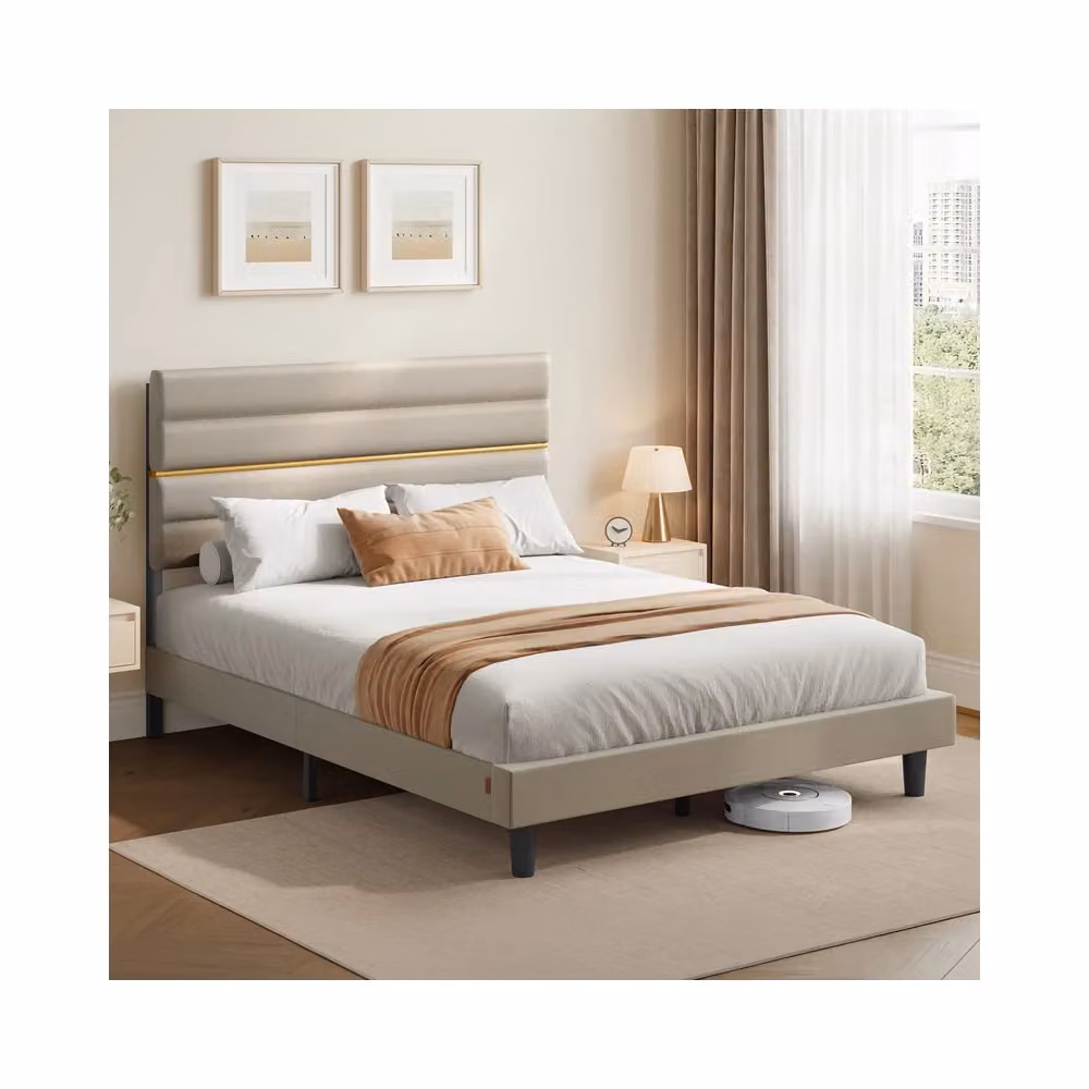 Struttura letto matrimoniale con testiera imbottita in metallo e legno, 160 x 200 cm / Beige Cappuccino