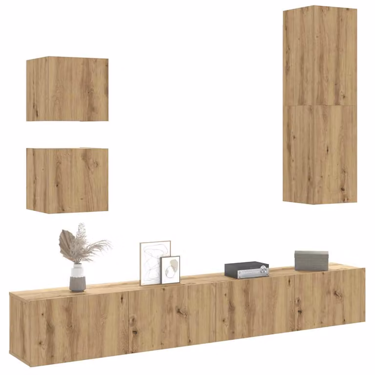Set Mobile TV vidaXL da 5 pezzi in legno Rovere marrone, montaggio a parete moderno per soggiorno