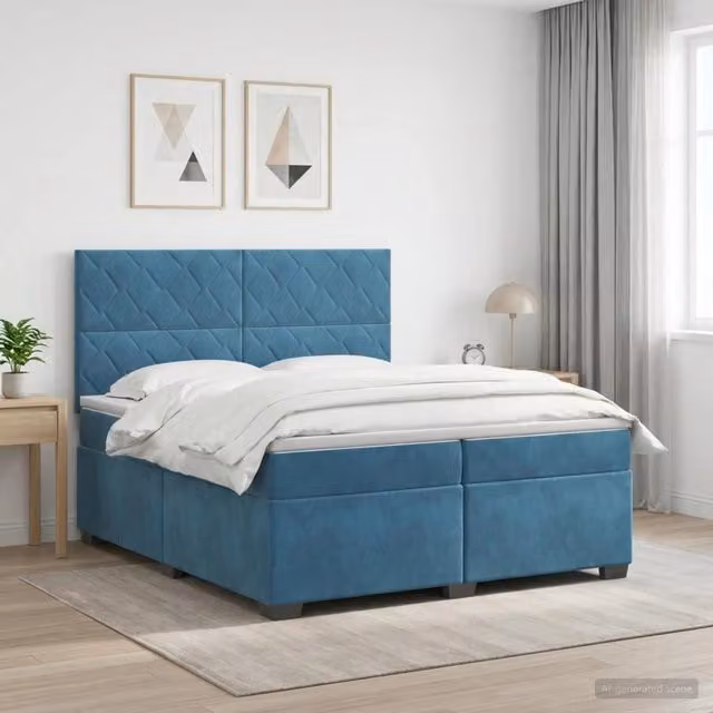 Letto box spring con materasso vidaXL in velluto blu e bianco con base a sollevamento L/P/H: 200 x 200 x 140 cm