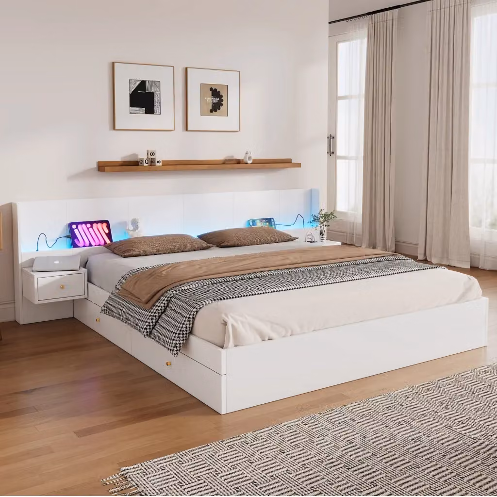 Letto matrimoniale moderno bianco con illuminazione LED, porte USB, 2 comodini e 2 cassetti, L/P: 180 x 200 cm – 2